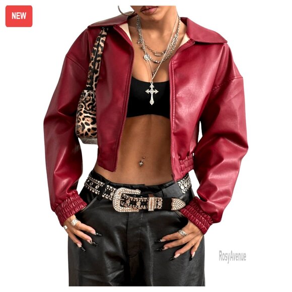 Faux Leather Cropped Motorcycle Jacket with Drop Shoulder Streetwear